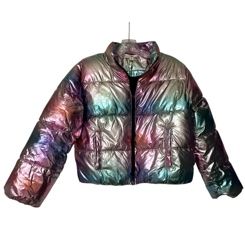 Girls Metallic Foil Ombré Futuristic Puffer Jacket Y2K Winter Size M Ski Snow
